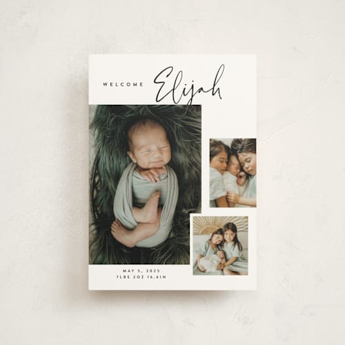 This is a coal birth announcement postcards with standard by Carolyn Nicks called written out printing on signature in postcard
