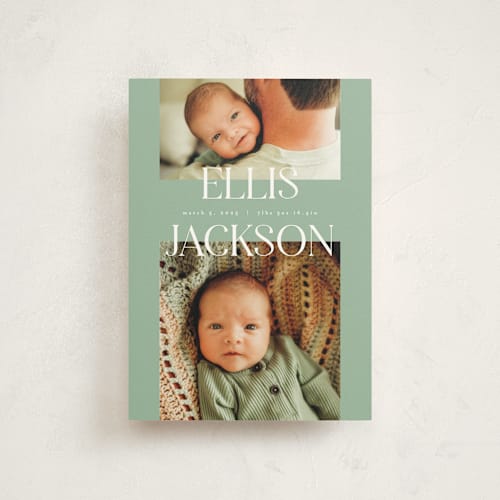 This is a aloe birth announcement postcards with standard by Pixel and Hank called double time printing on signature in postcard