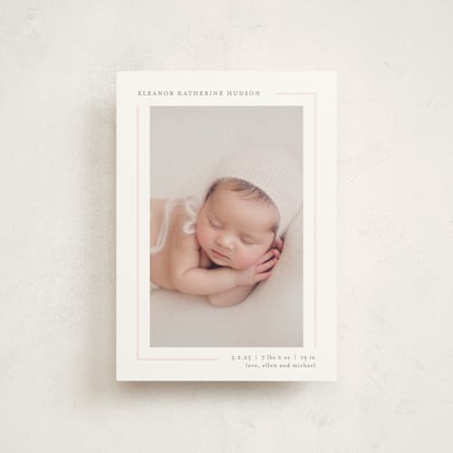This is a blush birth announcement postcards with standard by Lauren Chism called simply serene printing on signature in postcard