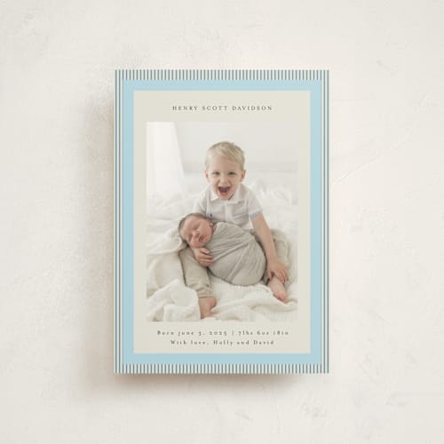 This is a powder blue birth announcement postcards with standard by Jackie Crawford called modern striped frame printing on signature in postcard