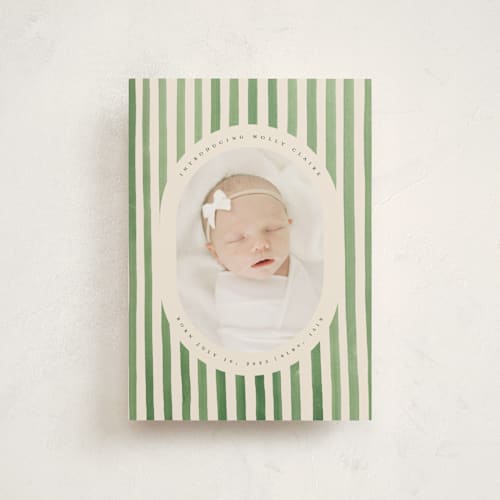 This is a candy apple birth announcement postcards with standard by Teju Reval called vintage stripes printing on signature in postcard