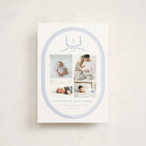 This is a frost birth announcement postcards with standard by Corinne Malesic called festive monogram printing on signature in postcard