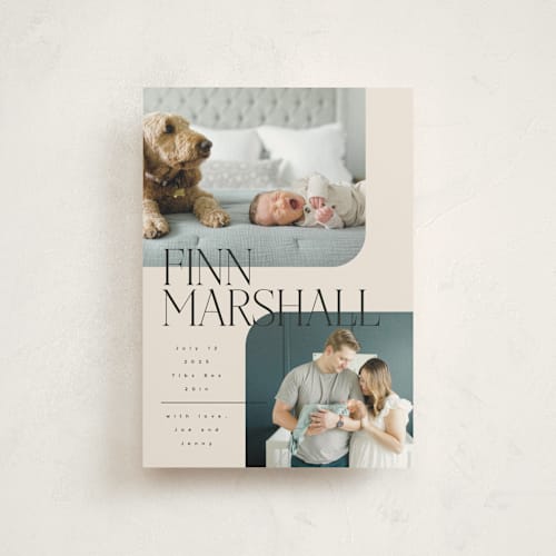 This is a linen birth announcement postcards with standard by Kelly Schmidt called happy overlay printing on signature in postcard