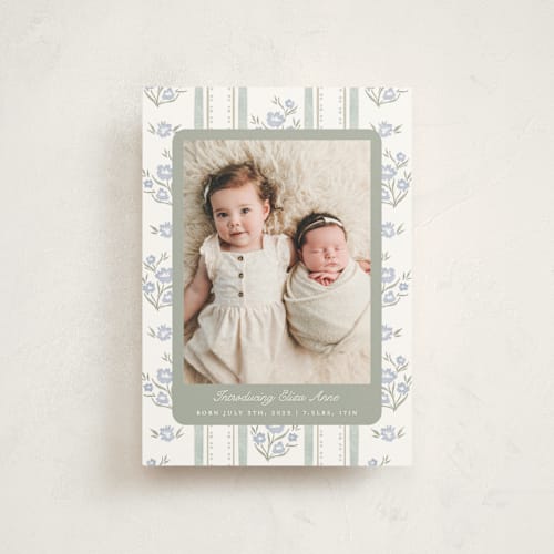 This is a periwinkle birth announcement postcards with standard by Jackie Crawford called cottage watercolor ribbon printing on signature in postcard