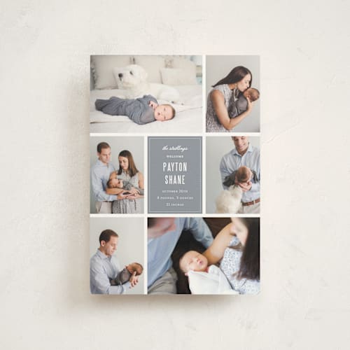 This is a graphite birth announcement postcards with standard by Sara Hicks Malone called distinguished printing on signature in postcard