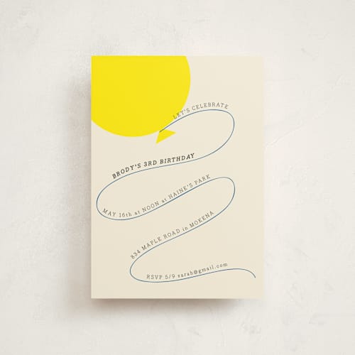 This is a cream petite kids birthday invitations with standard by Baumbirdy called balloon printing on signature in petite