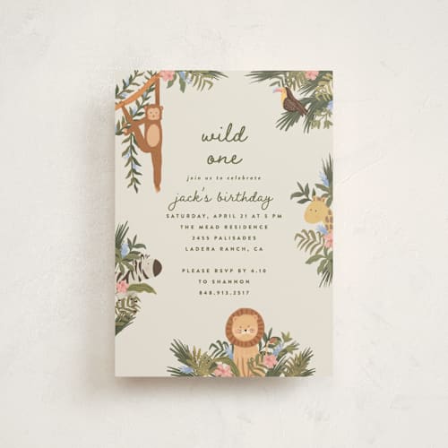 This is a moss petite kids birthday invitations with standard by Joanna Griffin called jungle animals printing on signature in petite