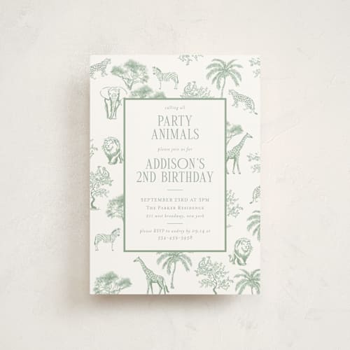 This is a palm petite kids birthday invitations with standard by Jenna Holcomb called safari toile printing on signature in petite
