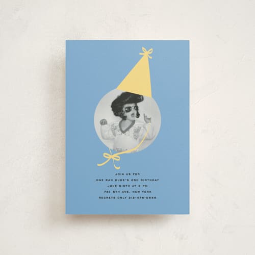 This is a lemon petite kids birthday invitations with standard by Jennifer Lew called birthday hat printing on signature in petite