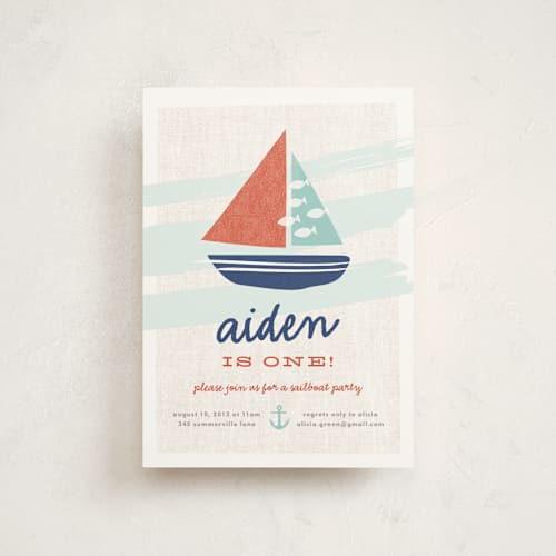 This is a teal petite kids birthday invitations with standard by Carolyn MacLaren called regatta race printing on signature in petite