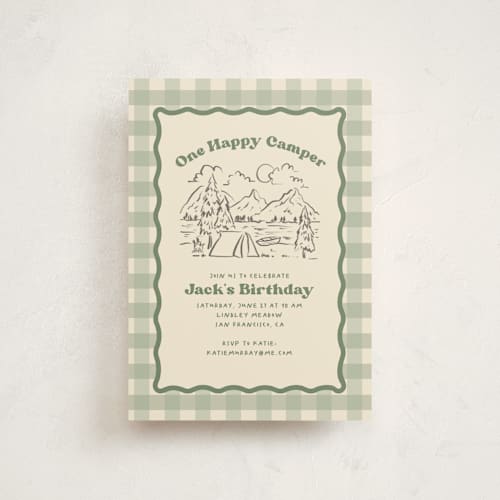 This is a sage petite kids birthday invitations with standard by Creo Study called one happy camper printing on signature in petite