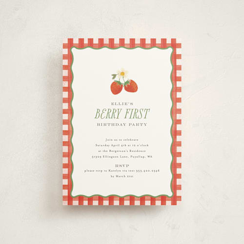 This is a strawberry petite kids birthday invitations with standard by Itsy Belle Studio called so berry sweet printing on signature in petite