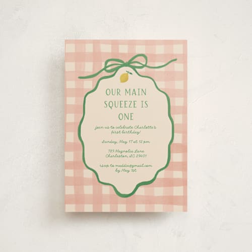 This is a strawberry match petite kids birthday invitations with standard by Vera Lim called lemonade printing on signature in petite