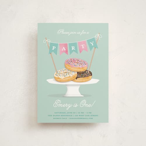 This is a neptune petite kids birthday invitations with standard by Kerry Doyle called everyone loves donuts printing on signature in petite