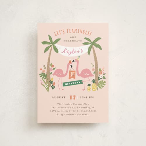This is a cotton candy petite kids birthday invitations with standard by Jennifer Wick called let's flamingle! printing on signature in petite