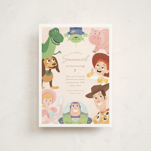 This is a taupe petite kids birthday invitations with standard by Sabrin Deirani called disney's and pixar toy story friends printing on signature in petite