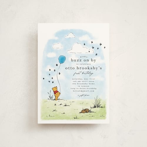 This is a hundred acre wood petite kids birthday invitations with standard by Erin L. Wilson called disney's winnie the pooh many birthday adventures printing on signature in petite