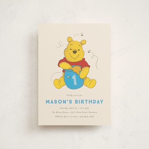 This is a cornflower petite kids birthday invitations with standard by Snow and Ivy called disney's pooh birthday printing on signature in petite