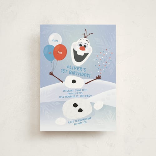 This is a periwinkle petite kids birthday invitations with standard by Erica Krystek called disney's olaf to party printing on signature in petite