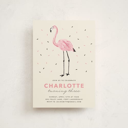 This is a crepe petite kids birthday invitations with standard by Cass Loh called flamingo sprinkles printing on signature in petite