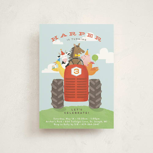 This is a robin’s egg petite kids birthday invitations with standard by Jennifer Wick called farm animal friends printing on signature in petite