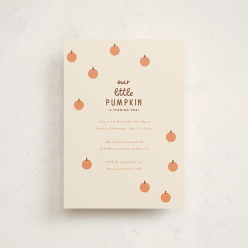 This is a pumpkin petite kids birthday invitations with standard by Baumbirdy called a little pumpkin printing on signature in petite