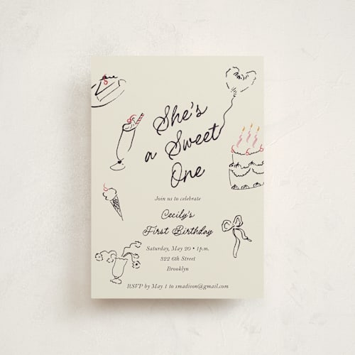This is a licorice petite kids birthday invitations with standard by Sarah Rosenthal called sweets & treats printing on signature in petite