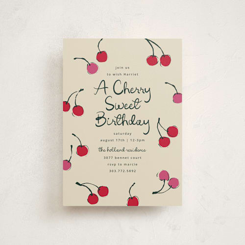 This is a tomato petite kids birthday invitations with standard by Kelly Watkins called cherries printing on signature in petite