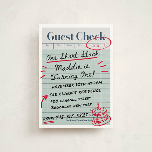 This is a mint petite kids birthday invitations with standard by Jennifer Lew called guest check printing on signature in petite