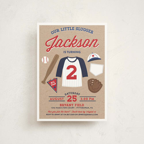 This is a patriotic petite kids birthday invitations with standard by One Swell Studio called little slugger printing on signature in petite