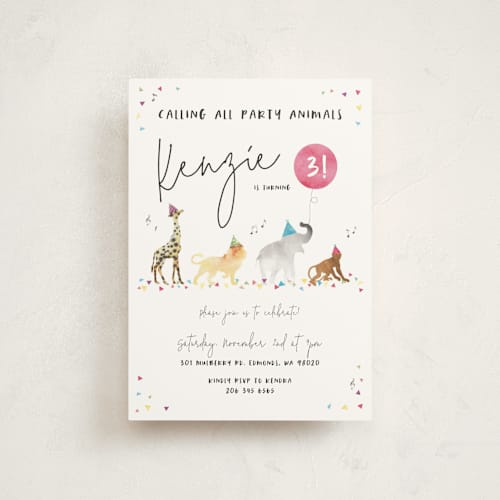 This is a gumdrops petite kids birthday invitations with standard by Maggie Maeve called party animals marching to the music printing on signature in petite