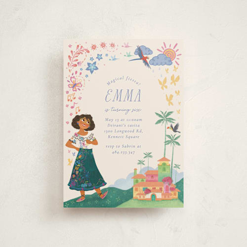 This is a vanilla petite kids birthday invitations with standard by Sabrin Deirani called magical fiesta printing on signature in petite