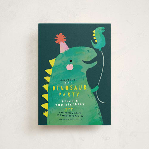 This is a teal petite kids birthday invitations with standard by Lori Wemple called dinosaur balloon printing on signature in petite