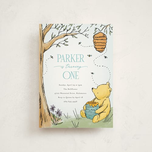 This is a sky petite kids birthday invitations with standard by Pixel and Hank called disney's pooh forest scene printing on signature in petite