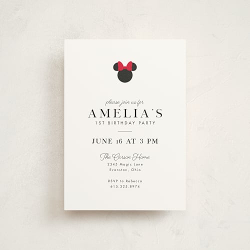 This is a strawberry petite kids birthday invitations with standard by Julee London called disney simply minnie birthday printing on signature in petite