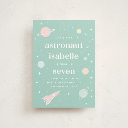 This is a mint petite kids birthday invitations with standard by Maria Alou called little retro astronaut printing on signature in petite