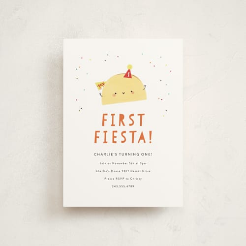 This is a spicy petite kids birthday invitations with standard by Itsy Belle Studio called 1st fiesta printing on signature in petite