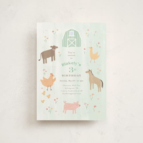 This is a mint petite kids birthday invitations with standard by Jennifer Wick called storybook farm printing on signature in petite