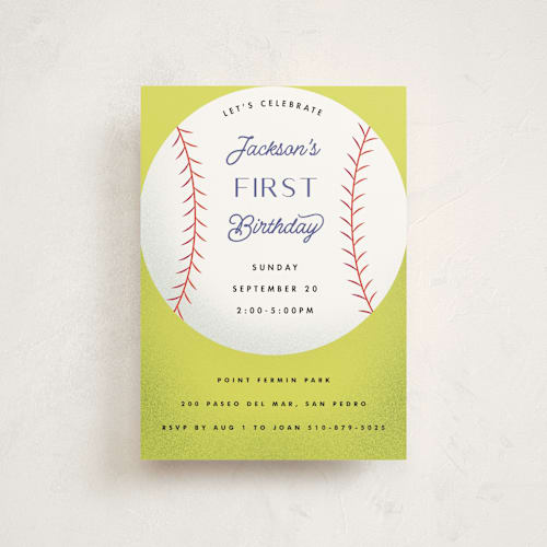 This is a grass petite kids birthday invitations with standard by Becky Nimoy called baseball printing on signature in petite
