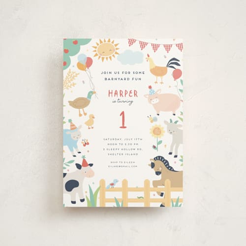 This is a barn petite kids birthday invitations with standard by peetie design called barnyard fun printing on signature in petite