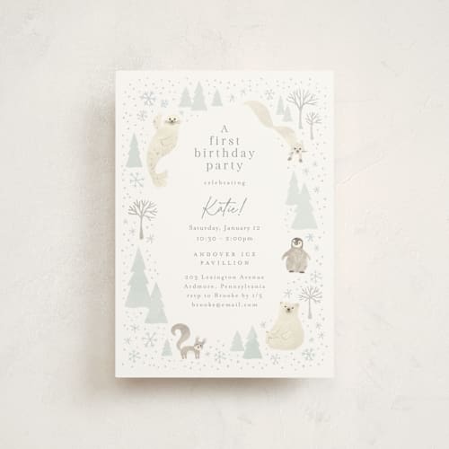 This is a seafoam petite kids birthday invitations with standard by Jennifer Wick called arctic friends printing on signature in petite