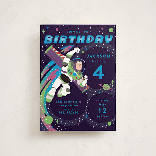 This is a night sky petite kids birthday invitations with standard by Katie Zimpel called disney and pixar birthday buzz printing on signature in petite