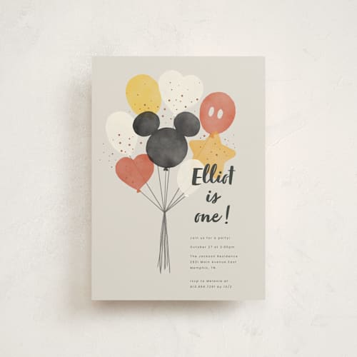 This is a cream petite kids birthday invitations with standard by Adelyn T. called disney's mickey balloon bunch printing on signature in petite