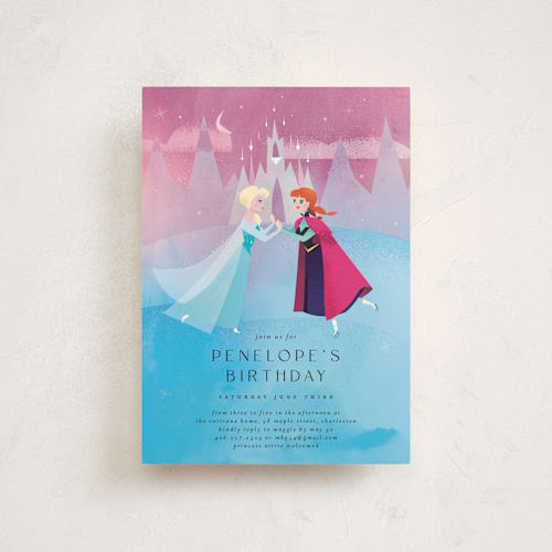 This is a twilight petite kids birthday invitations with standard by Lori Wemple called elsa and anna from disney's frozen printing on signature in petite