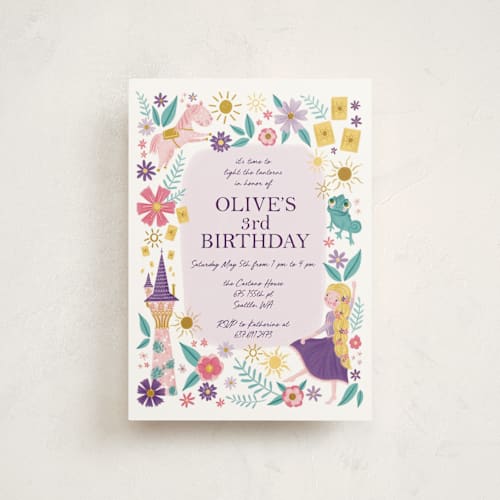 This is a lilac petite kids birthday invitations with standard by Katherine Dietz called disney's tangled floral birthday invite printing on signature in petite