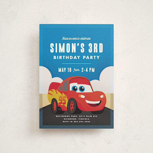 This is a sky petite kids birthday invitations with standard by Carly Reed Walker called disney and pixar's cars kachow printing on signature in petite