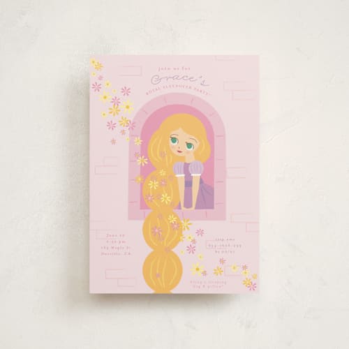 This is a strawberry petite kids birthday invitations with standard by Angela Thompson called disney's rapunzel tower printing on signature in petite
