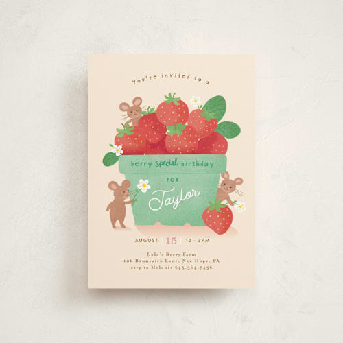 This is a vanilla petite kids birthday invitations with standard by Jennifer Wick called berry special printing on signature in petite