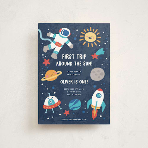 This is a midnight petite kids birthday invitations with standard by peetie design called space age printing on signature in petite