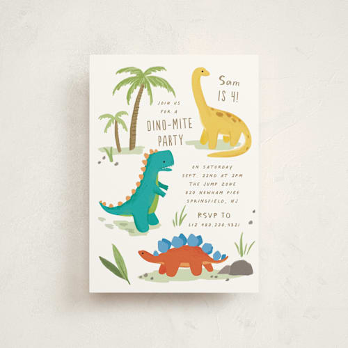 This is a marshmallow petite kids birthday invitations with standard by Everett Paper Goods called dino zone printing on signature in petite